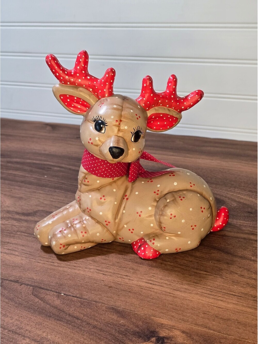 Hand Painted Christmas Reindeer Figurine Red Polka Dot Holiday Decor